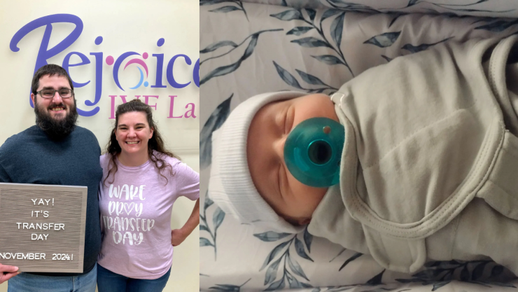 Los padres, Lindsey y Tim Pierce, sonríen mientras sostienen a su bebé recién nacido, Thaddeus, quien nació de un embrión récord que estuvo congelado por más de 30 años.