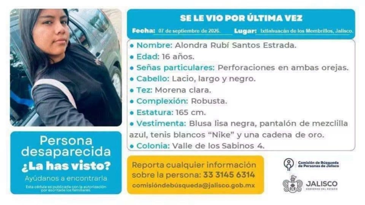 Desaparece Alondra Rubí Santos Estrada en Jalisco: estudiante tiene 16 años.