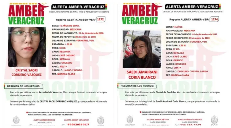 Alerta Amber Veracruz: Desaparecen Saedi Amairani Coria Blanco y Cristal Saori Cordero Vázquez
