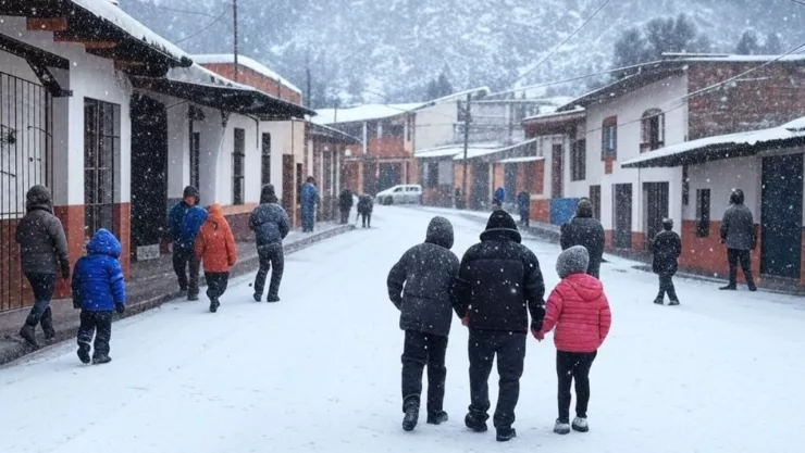 (Imagen generada con Inteligencia Artificial) Una familia mexicana camina bajo las heladas que traerán los frente fríos de febrero 2025.