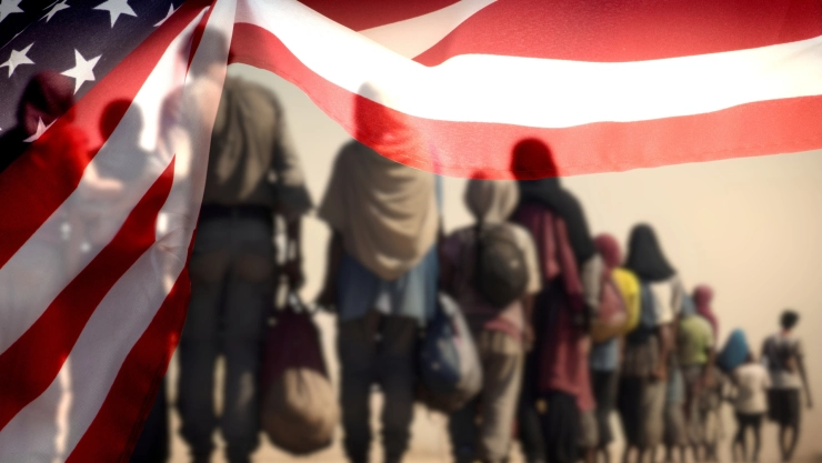 Un grupo de inmigrantes bajo una bandera de Estados Unidos.