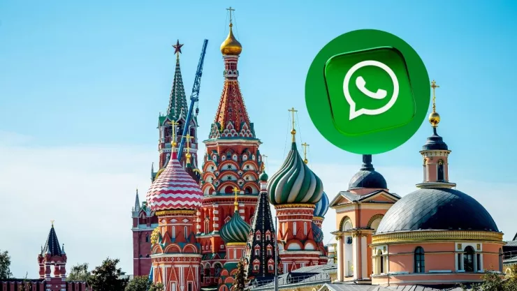 Imagen de la Plaza Roja de Rusia y del ícono de WhatsApp.