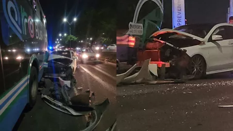 Auto Mercedes Benz choca contra Qrobús en Paseo de la República hacia San Luis Potosí