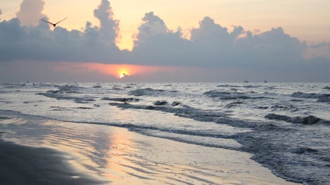 un atardecer en la bonita playa de Gavelston en Texas.