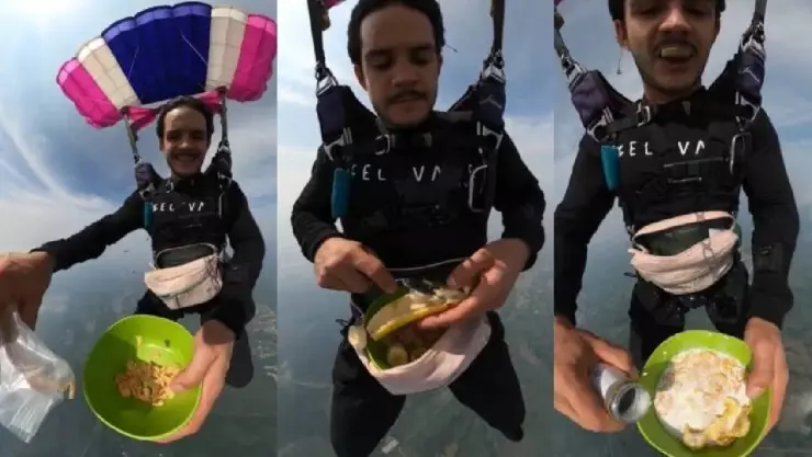 Paracaidista se graba comiendo cereal en las alturas (VIDEO)