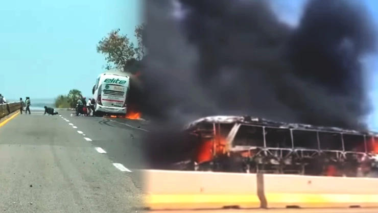 Pasajeros salen por la ventana de un autobús que ardía en llamas en Sinaloa