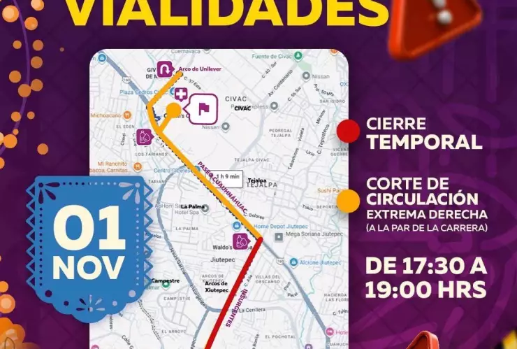 Cierre de vialidades Jiutepec 1 de noviembre de 2025