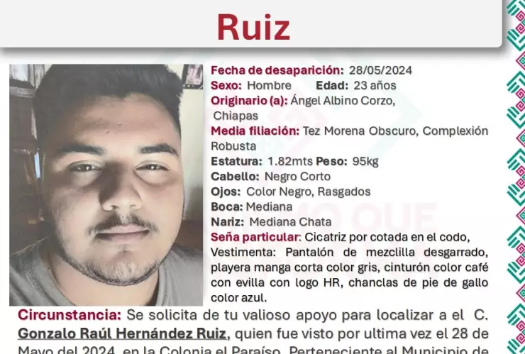 Desaparecido en Chiapas: Gonzalo Raúl Hernández Ruiz fue visto por última vez Chiapa de Corzo