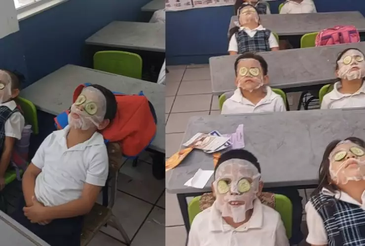 Maestra combate la ola de calor en México poniendo mascarillas faciales a sus alumnos