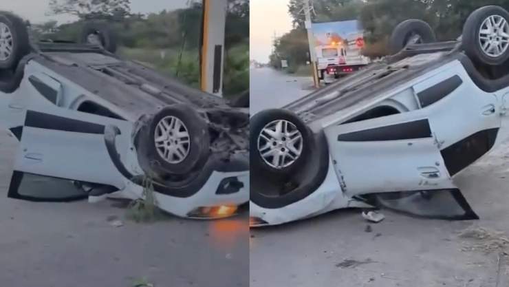 Pierde el control y termina protagonizando APARATOSA volcadura en el Periférico de Mérida; así quedó el auto