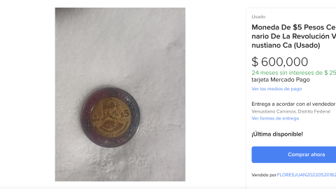 Moneda de 5 pesos es vendida en 600 mil en Mercado Libre
