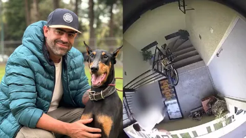 Arturo Islas Allende posando junto a un perro del lado izquierdo de la foto, mientras que del derecho se ve una captura de la grabaci&oacute;n en la que un sujeto golpeo a la perrita Enedina