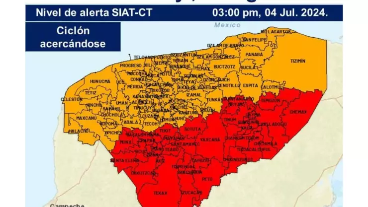 ÚLTIMA HORA_ Los 37 municipios en ALERTA ROJA por el Huracán Beryl en Yucatán hoy 4 de julio de 2024