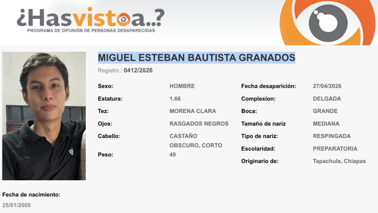 Miguel Esteban Bautista Granados desapareció en Tapachula, Chiapas