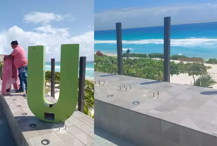 Dan mantenimiento a las letras de Cancún en Playa Delfines