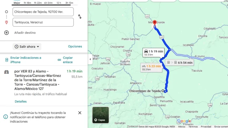 Mapa de Veracruz, donde se muestra el camino de Chicontepec a Tantoyuca, lugares donde secuestraron a dos policías municipales