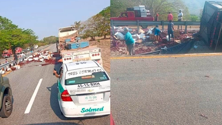¡Volcadura! Camión cargado de chile vuelca en la carretera Tonalá - Tapachula
