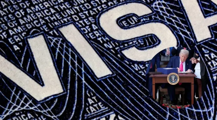 Imagen de primer plano de una visa americana y de Donald Trump firmando su big beautiful bill.