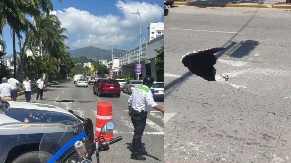 Socavón en la Costera Miguel Alemán frente a Soriana del CICI Acapulco