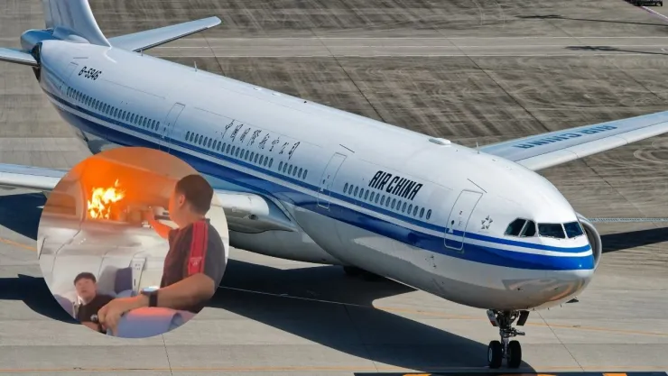 Avión de Air China y captura de pantalla de video de incendio en aeronave del 18 de octubre de 2025.