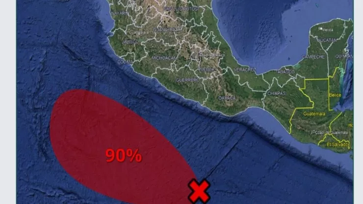 Mapa satelital de la zona de baja presión situada a 590 km al sur-suroeste de Lagunas de Chacahua en Oaxaca.