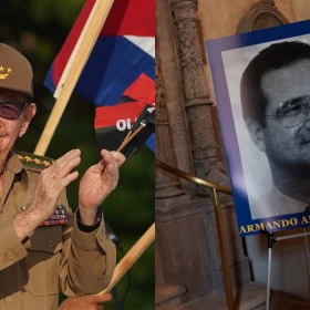 Raúl Castro e imagen de Armando Alejandre Jr., uno de los ocupantes del avión que falleció en el incidente de 1996 de la Operación Hermanos al Rescate , el día de una ceremonia en honor a las víctimas, en la Torre de la Libertad en Miami, Florida, EE. UU., el 20 de mayo de 2026.