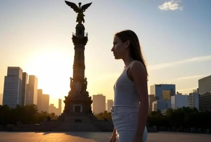 (Imagen generada con inteligencia artificial) Una mujer acalorada a lado del Ángel de la Independencia ante las altas temperaturas en CDMX.