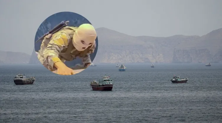 Imagen de barcos en el estrecho de Ormuz y de guardias iraníes subiendo a un barco carguero el 23 de abril de 2026.