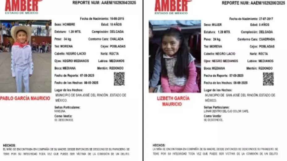 Activan Alerta Amber en el Edomex por la desaparición de los hermanos Pablo y Lizbeth García Mauricio. En la imagen se observa la ficha de búsqueda de ambos niños desaparecidos en el municipio de San José del Rincón.