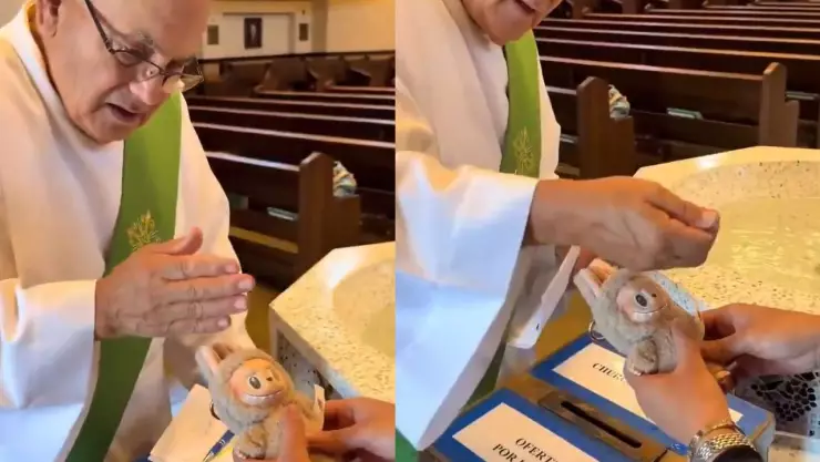 Sacerdote bendice un Labubu con agua bendita y desata críticas