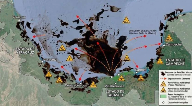 Mapa del derrame de petróleo en el Golfo de México que muestra su expansión hacia costas de Veracruz, Tabasco y Campeche, con zonas afectadas y advertencias ambientales.