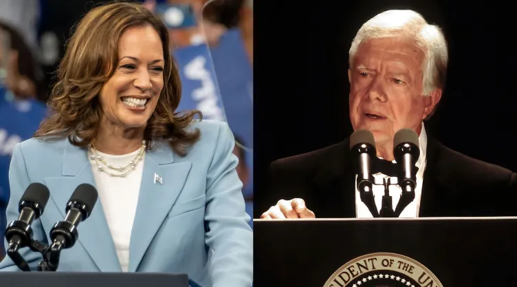 A la izquierda, la vicepresidenta de EU Kamala Harris. A la derecha, el exmandatario Jimmy Carter.
