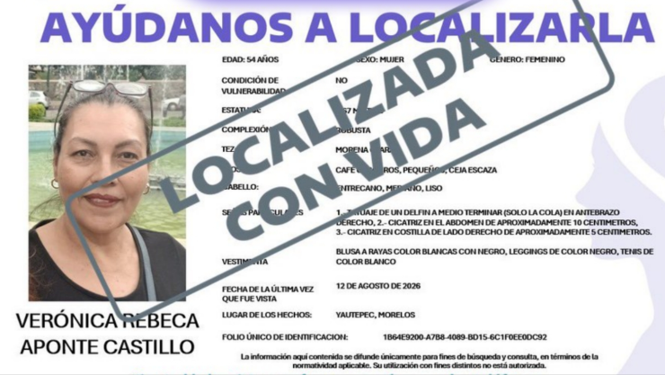 Localizan con vida a Verónica Rebeca Aponte Castillo.