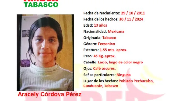 ALERTA AMBER TABASCO: Aracely Córdova fue vista por última vez en Cunduacán, Tabasco