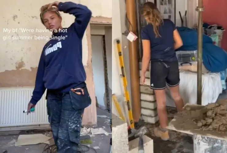 Mujer deja la universidad para ser albañil como su padre.