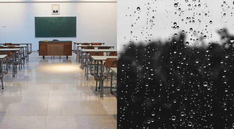 Salón de clases y vidrio con lluvia.