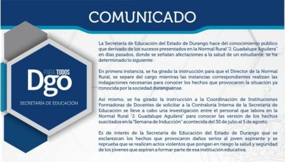 Muere joven de 19 años tras novatada en escuela Normal de Durango