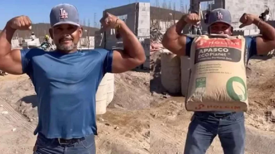 albañil levanta costal de cemento con sus dientes