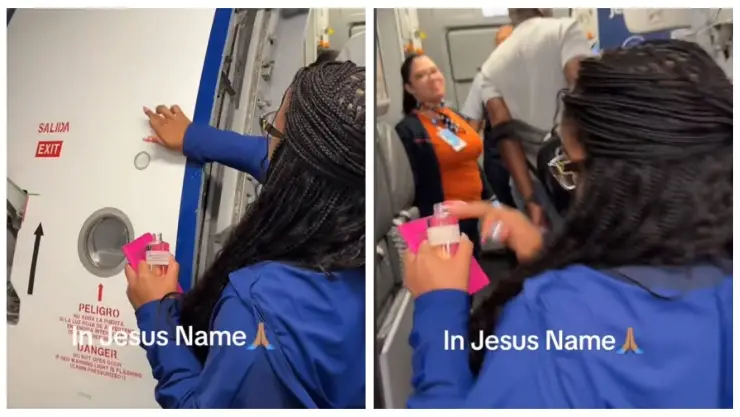 la imagen de la mujer bendiciendo el vuelo antes de embarcar