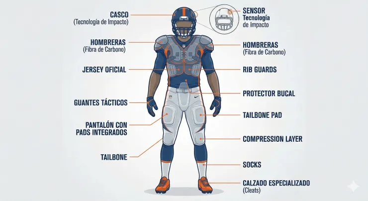 Los elementos de un uniforme de futbol americano, presente en el Super Bowl