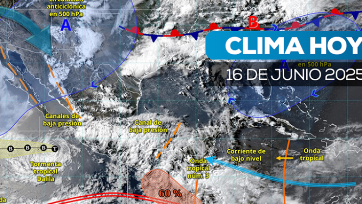 Imagen satelital de cómo estará el clima en México, 16 de junio de 2025.