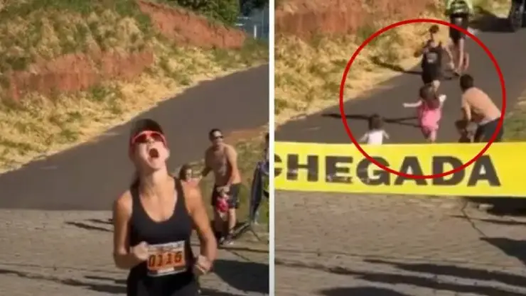 ¡Casi arruina el triunfo! Hombre atraviesa a sus hijos en carrera de su esposa antes de que gane