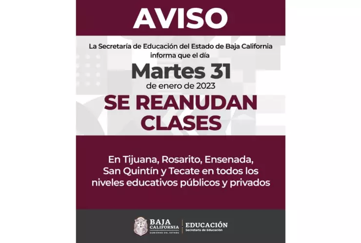 Este 31 de enero se reanudan las clases en Tijuana y en Baja California
