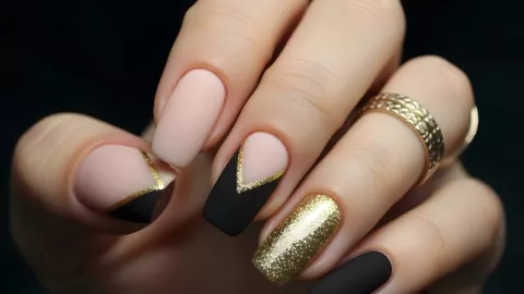diseño de uñas base nude con dorado y negro