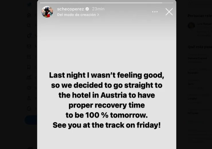 Checo Pérez explicó en sus redes sociales su estado de salud previo al GP de Austria