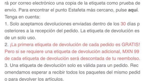 Ticket de devolución de Shein