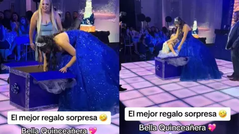 Quinceañera recibe un recogedor como regalo.