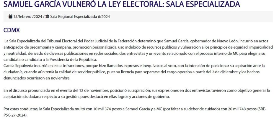 Tribunal Electoral multa a Samuel García y a MC por actos anticipados de campaña y precampaña