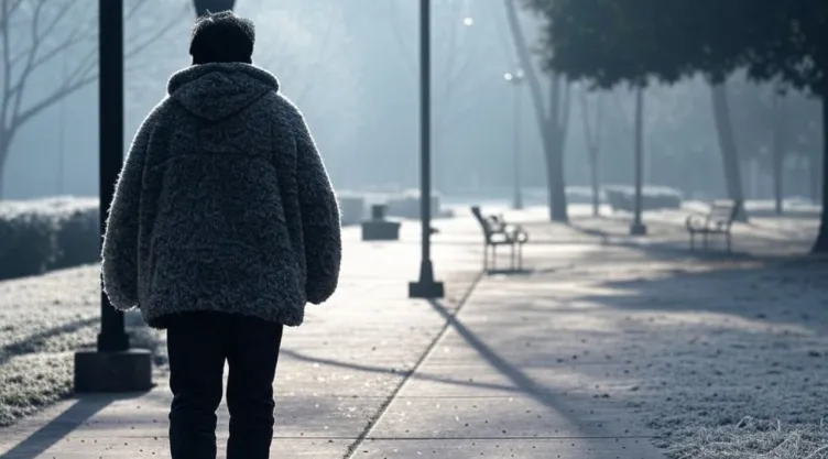 Imagen generada con inteligencia artificial de un hombre con un abrigo caminando por las calles de la CDMX.