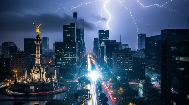 (Imagen hecha con IA) fotografía nocturna, dramática y de gran angular, que captura el horizonte de la Ciudad de México en medio de una intensa tormenta.